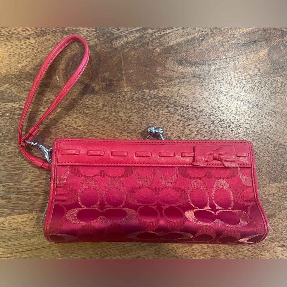 Vintage Coach Signature C RED Wristlet Clutch Purse Kiss Lock W/Bow